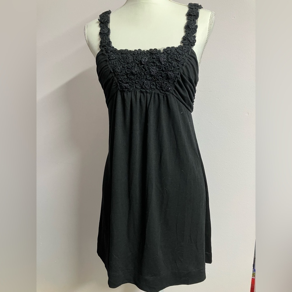 Women’s Black Mini Dress, Small, Floral Accents, Ruched, Elle